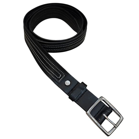 Rag & Bone Mens Black Double Layered Leather 42" Belt Silver Buckle England - Picture 1 of 8